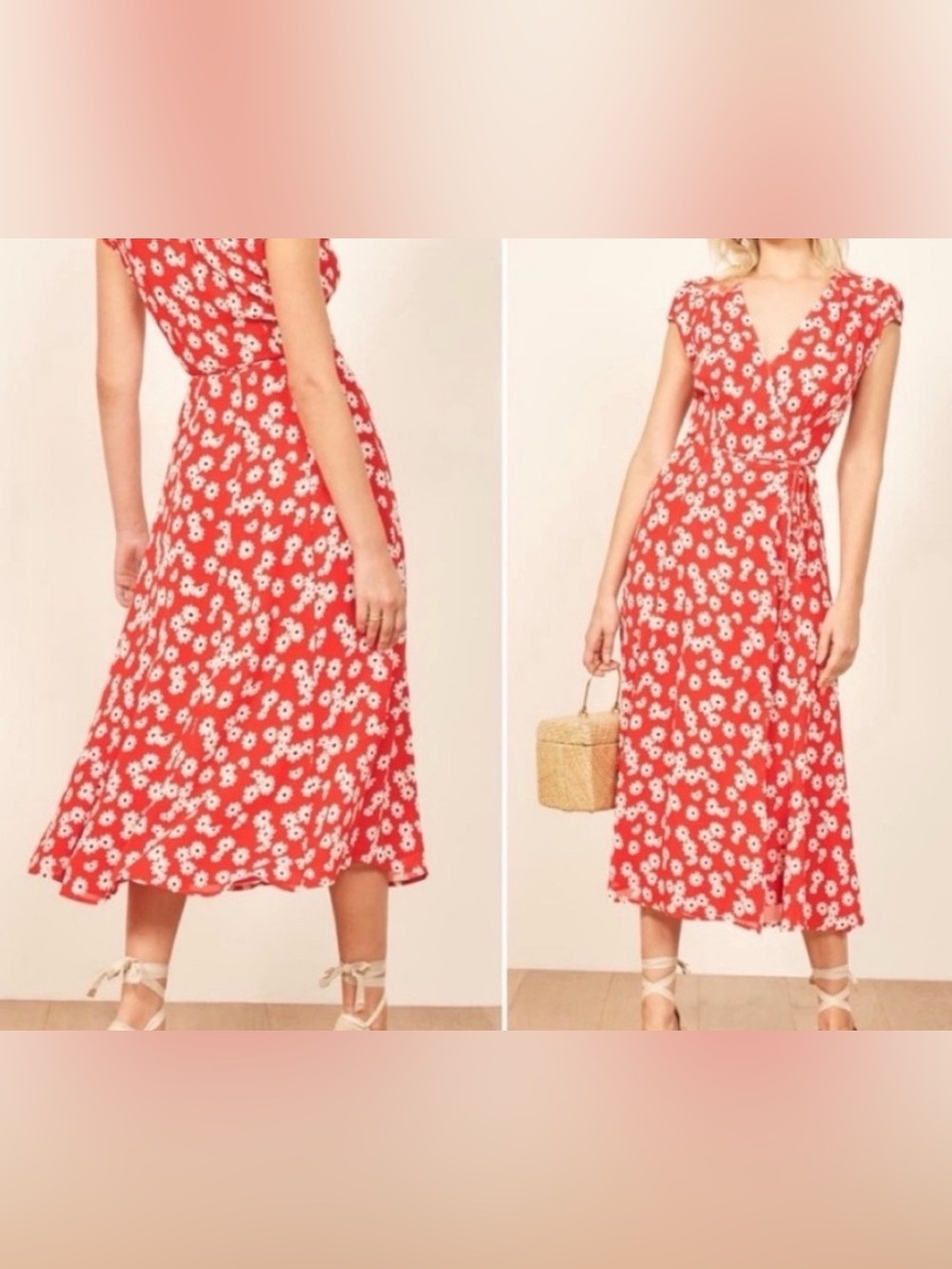 Reformation Red Oopsie Daisy Floral Carina Georgette Wrap Midi Dress Size XS